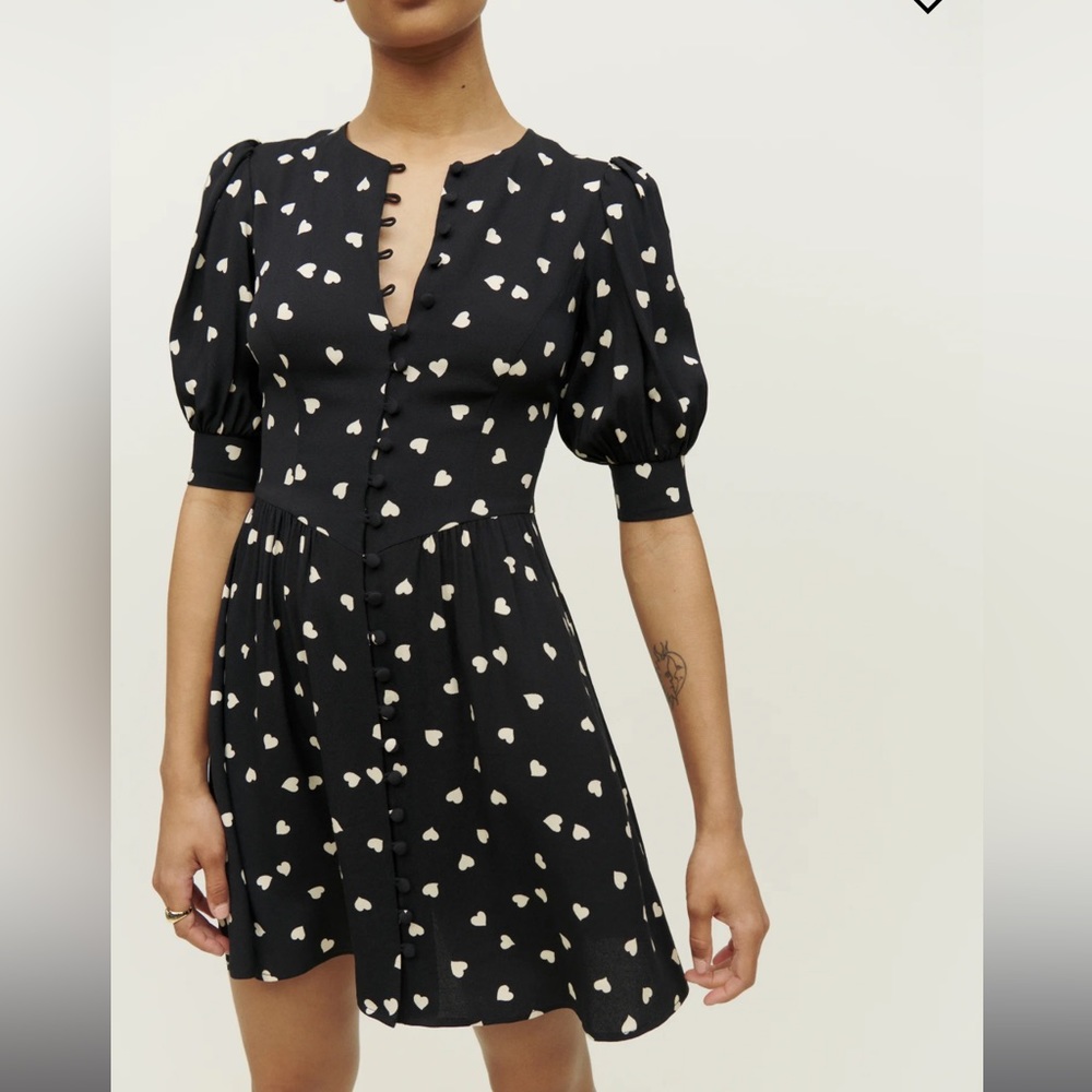 Reformation Laylin Mini Dress - Black, Luv it (heart pattern) size 2